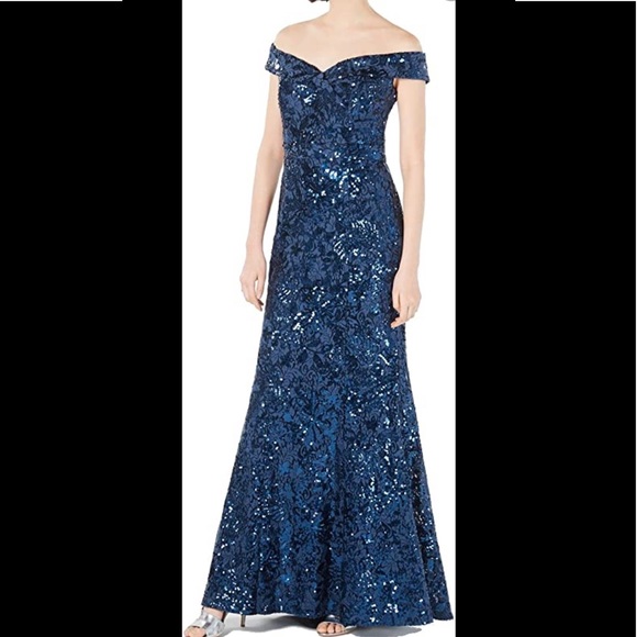 Calvin Klein women’s blue off the shoulder lace formal dress gown
